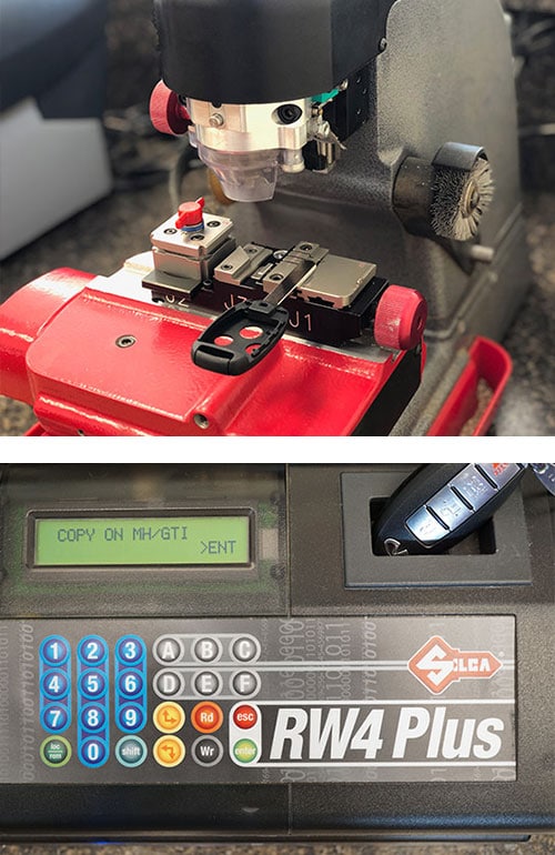 image of a laser key cutter cutting a new car key (top) and a key fob being programmed (bottom)